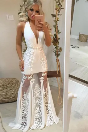 A Line Deep V Neck Lace Appliques White Long Prom Dress, White Lace Formal Graduation Evening Dress