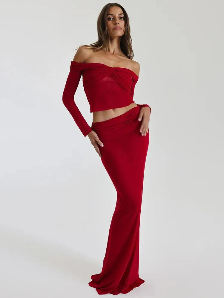 A&A Two Piece Sheer Off-shoulder Top And Maxi Skirt Set