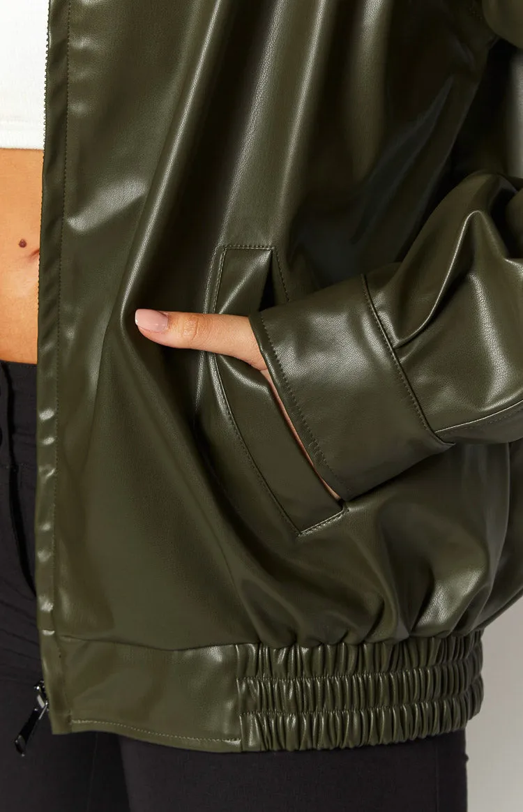 Abbi PU Olive Bomber Jacket