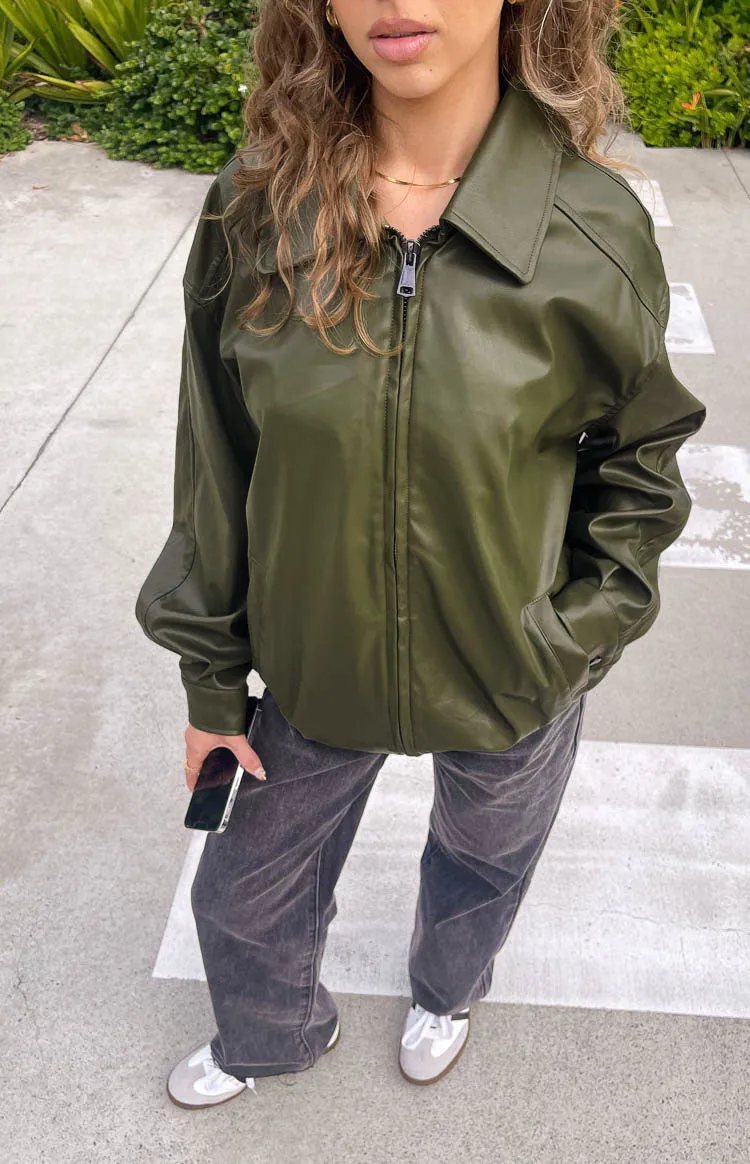 Abbi PU Olive Bomber Jacket