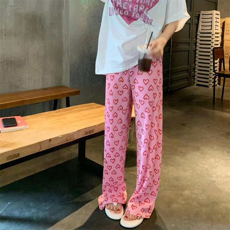 Aiertu Harajuku Y2K Pink Pants Heart Printed Sweet Trousers Vintage Aesthetic Party Pants Pockets Joggers Outfits Women New Streetwear