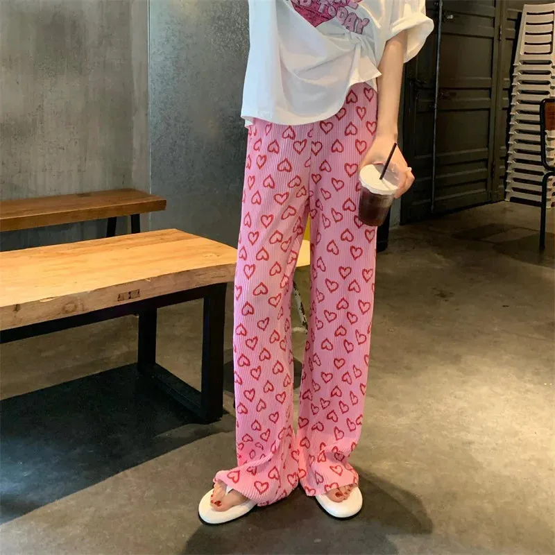 Aiertu Harajuku Y2K Pink Pants Heart Printed Sweet Trousers Vintage Aesthetic Party Pants Pockets Joggers Outfits Women New Streetwear