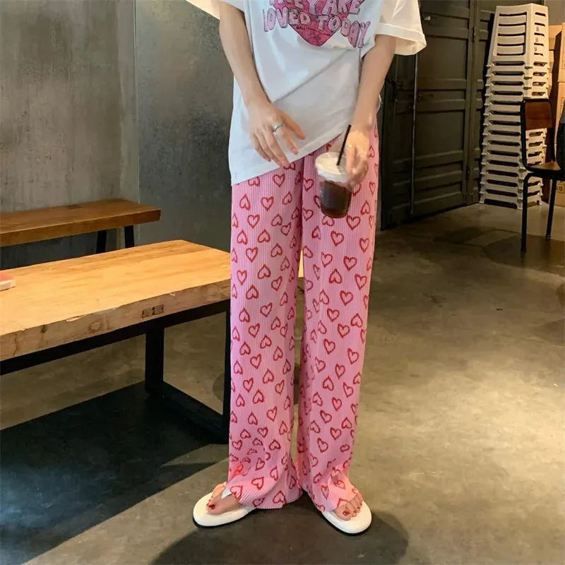 Aiertu Harajuku Y2K Pink Pants Heart Printed Sweet Trousers Vintage Aesthetic Party Pants Pockets Joggers Outfits Women New Streetwear