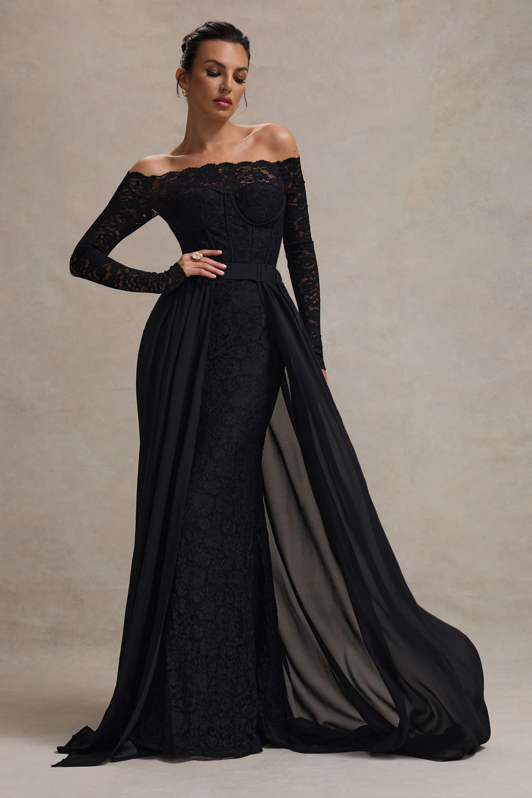 Astoria | Black Lace Bardot Maxi Dress With Chiffon Skirt