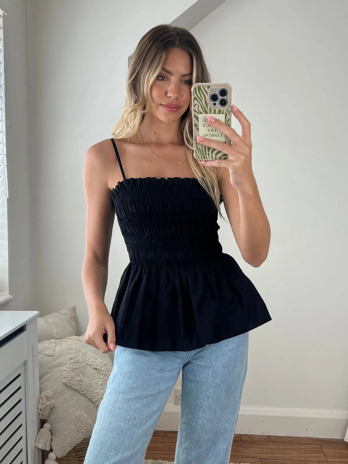 Ava Shirred Bandeau Peplum Top / Black