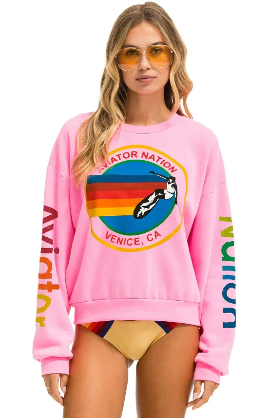 Aviator Nation Crew Sweatshirt Relaxed Logo Neon Pink