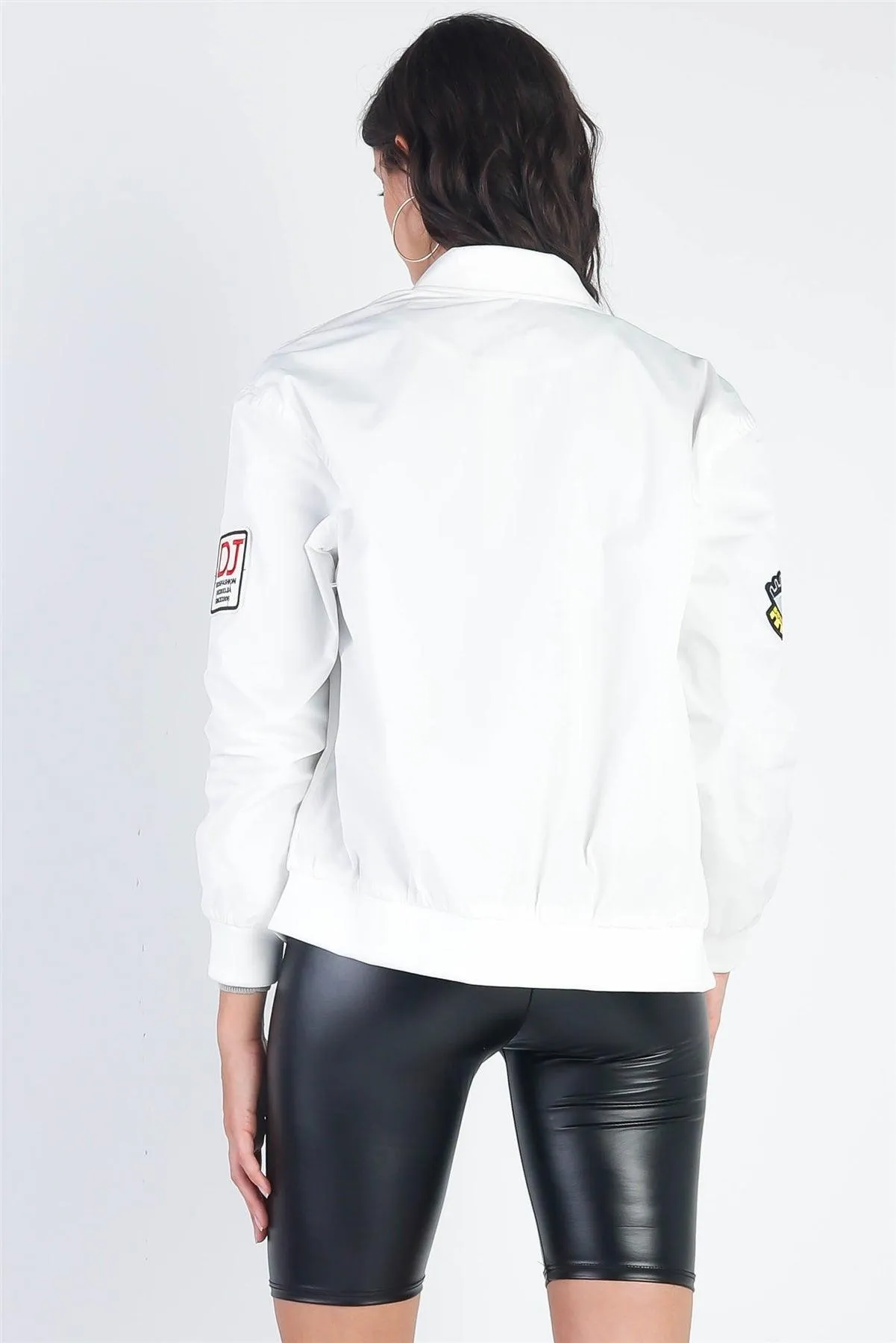 Aviator White Retro Patches Long Sleeve Bomber Jacket /1-1-1