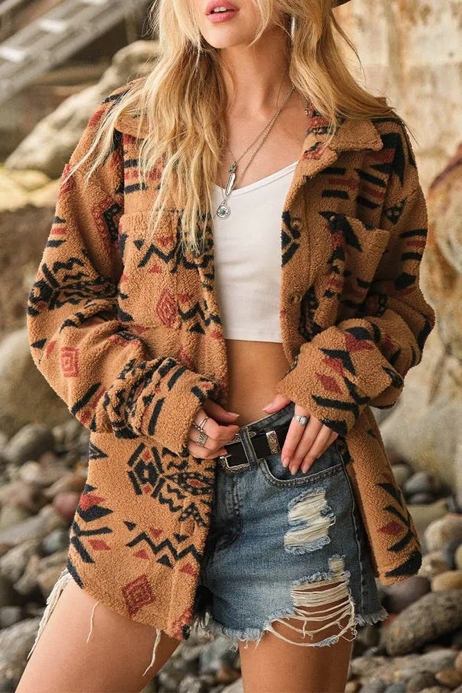 Aztec Print Button Up Fleece Jacket