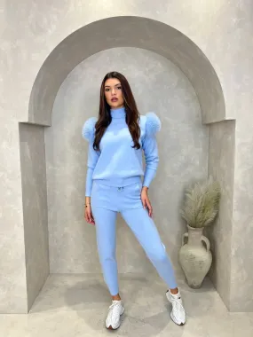 Baby Blue Luxury Fur Roll Neck Jogger Tracksuit