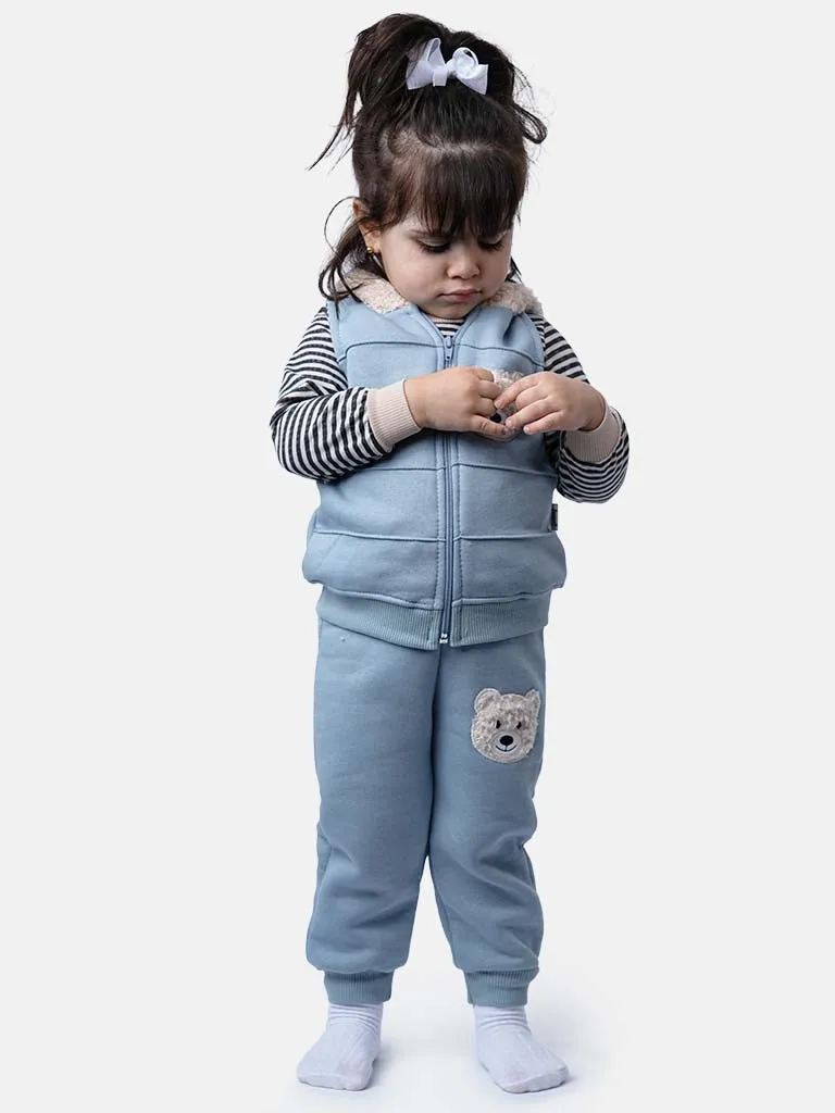 Baby Girl Teddy Tracksuit 3 Piece Set with Vest - Powder Blue