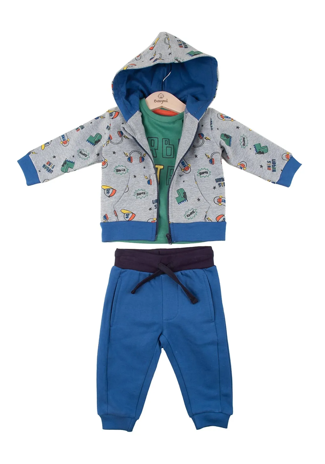 Babybol Baby Boy Urban Star 3 Piece Tracksuit, Grey Multi