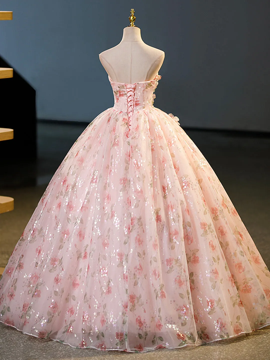 Beautiful Strapless Tulle Flower Long Prom Dress, Pink Ball Gown Formal Dress