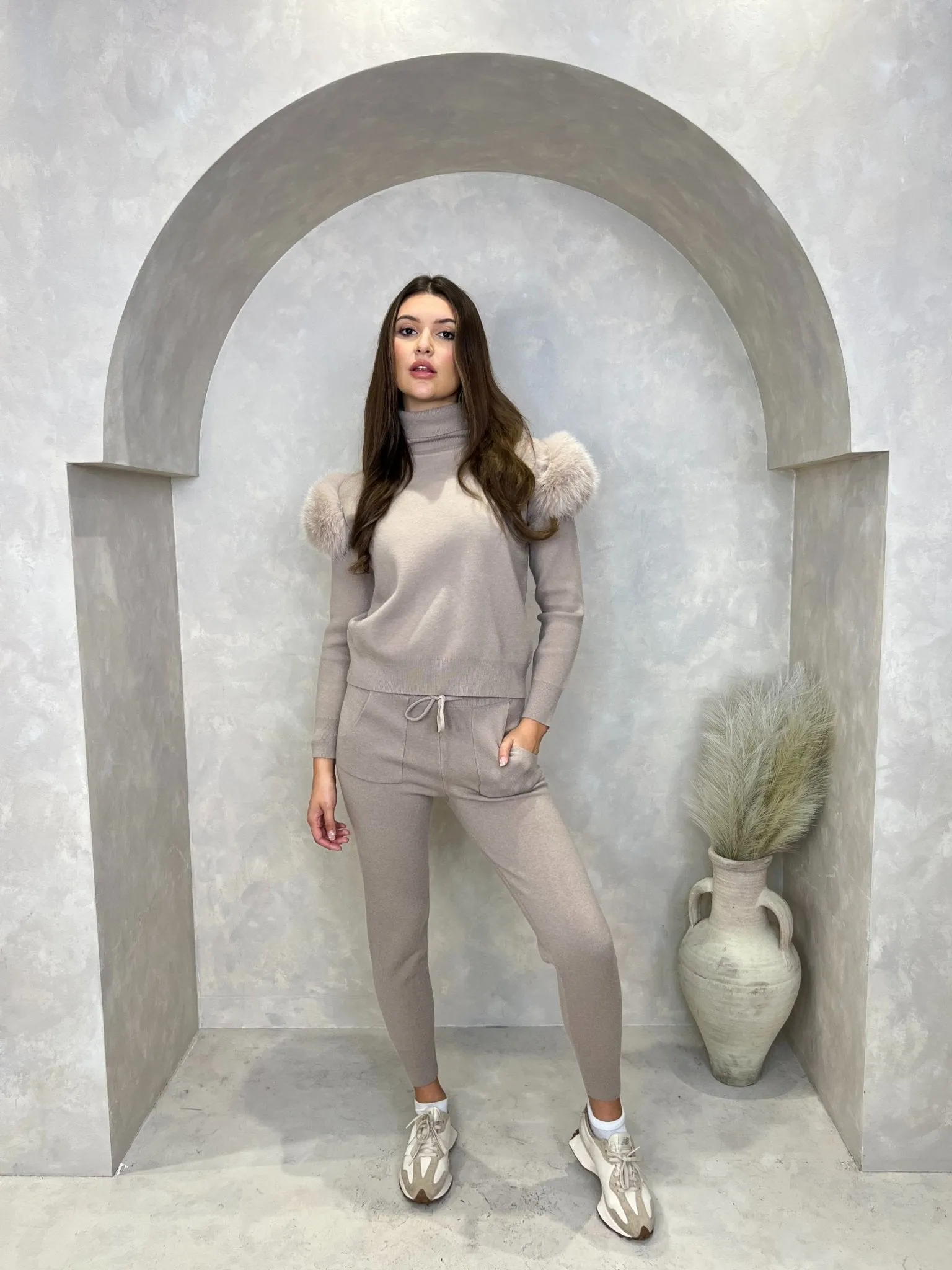 Beige Luxury Fur Roll Neck Jogger Tracksuit