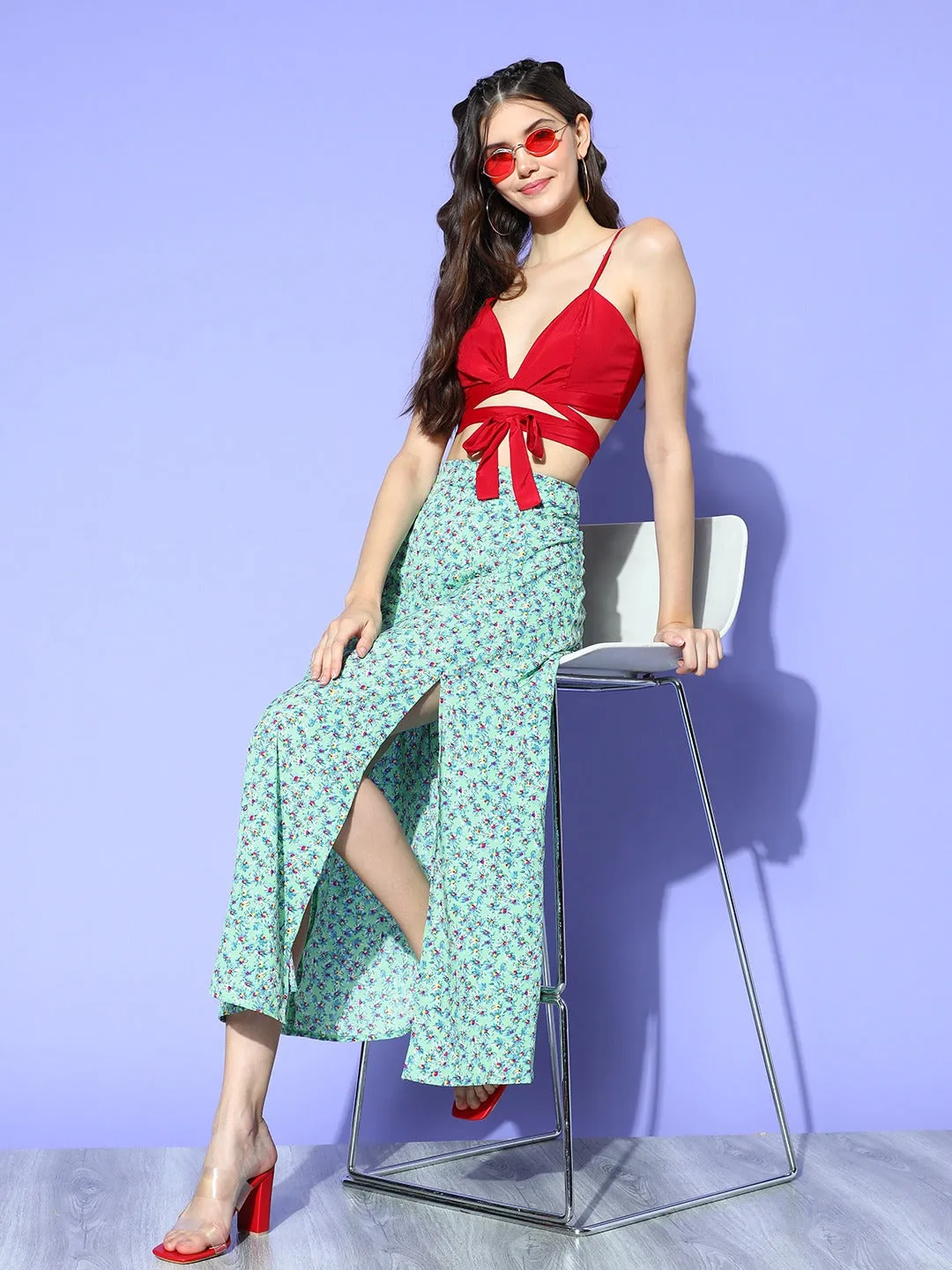 Berrylush Women Green Floral Printed High-Rise Waist Side-Slit Flared A-Line Maxi Skirt