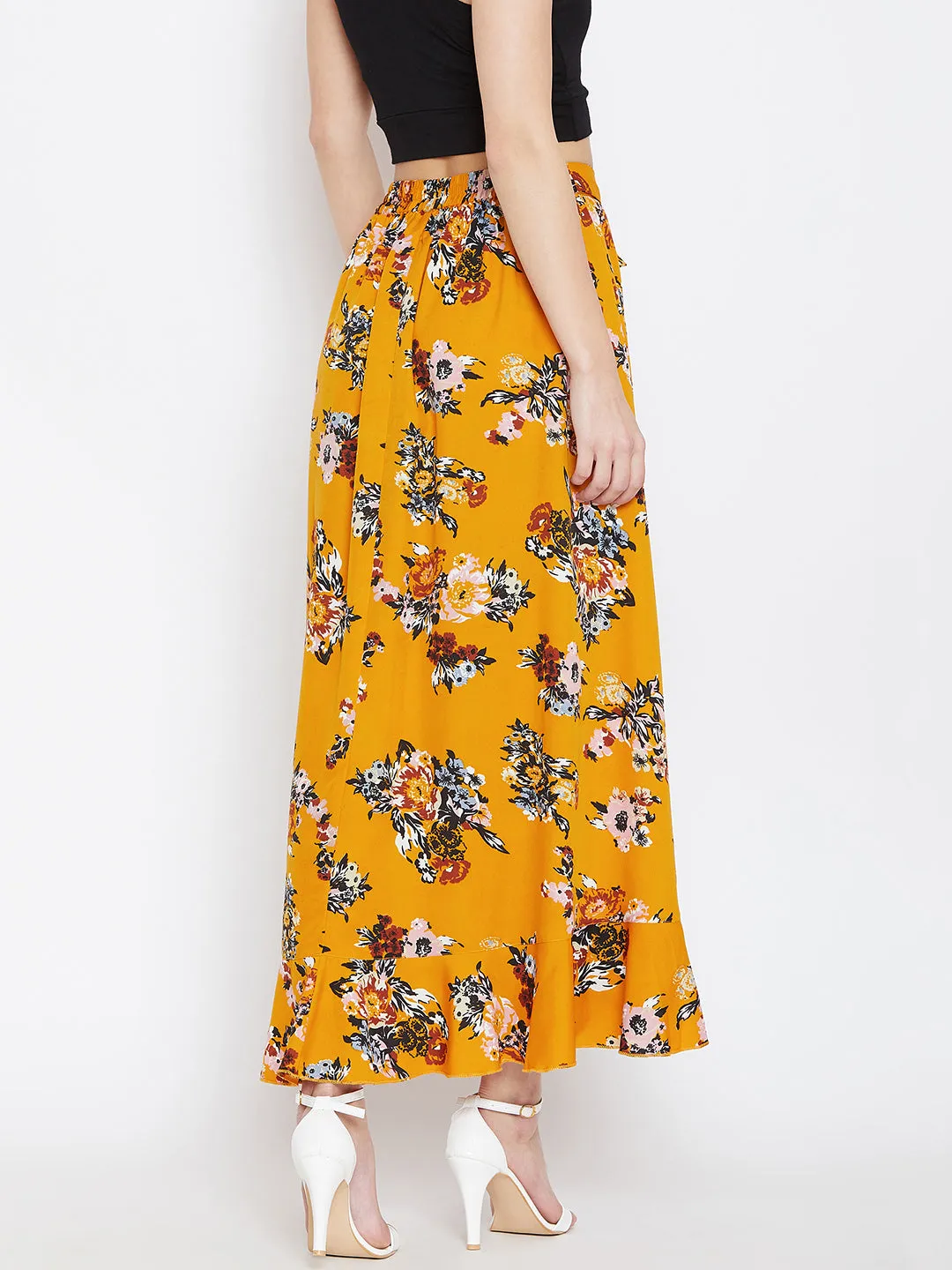 Berrylush Women Mustard Yellow Floral Printed Ruffled Asymmetrical Hem Maxi Skirt