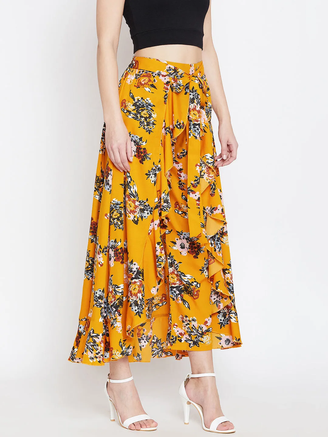 Berrylush Women Mustard Yellow Floral Printed Ruffled Asymmetrical Hem Maxi Skirt