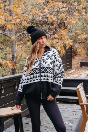 Black Aztec Print Zip Up Sweater Cardigan