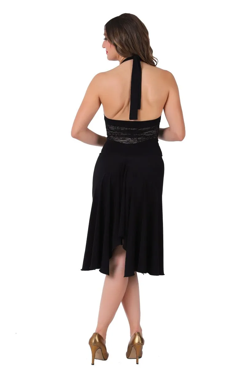 Black Halter-neck Tango Dress with Lace Bust