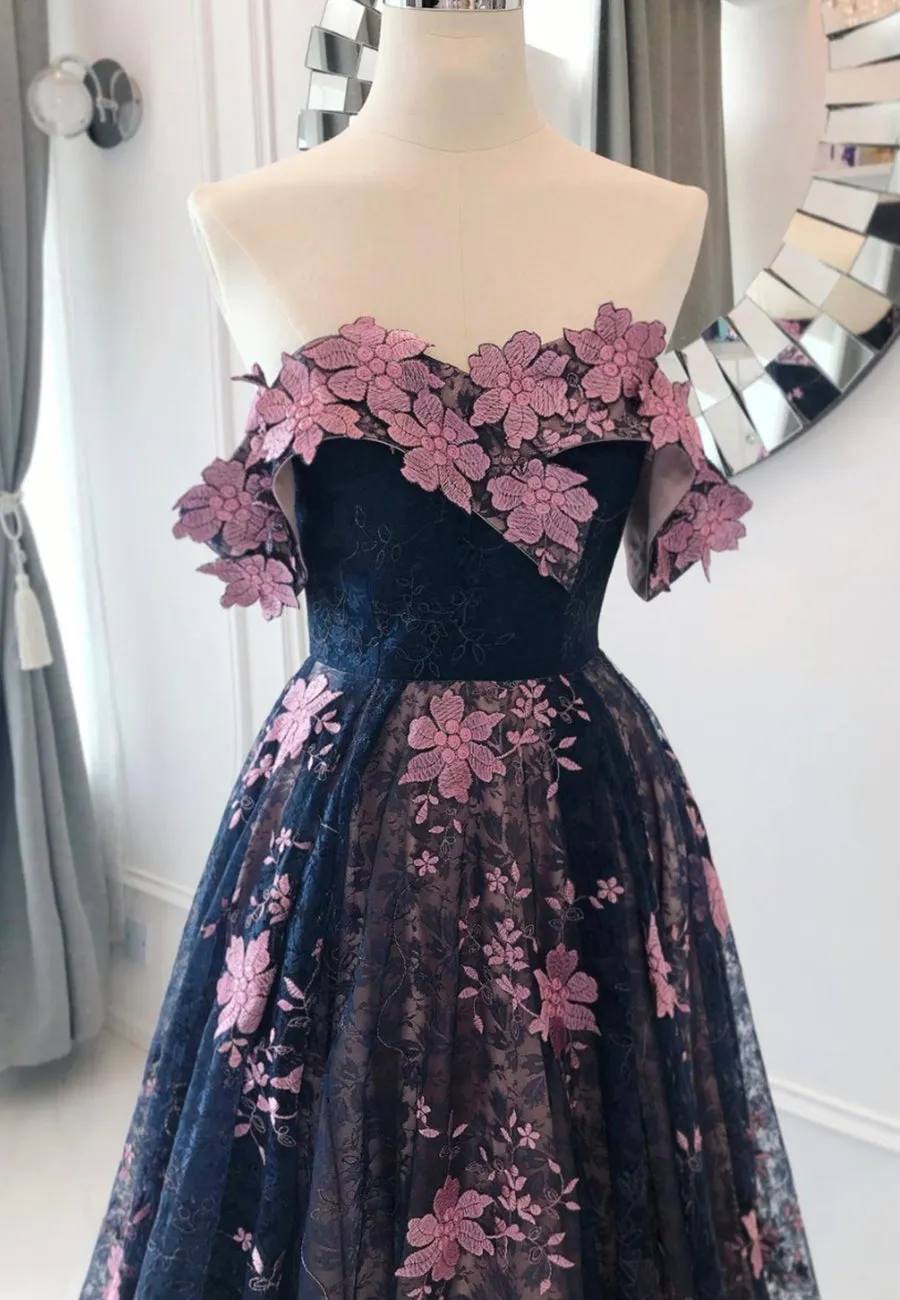 Black Lace Long A-Line Prom Dresses, Black Evening Dresses