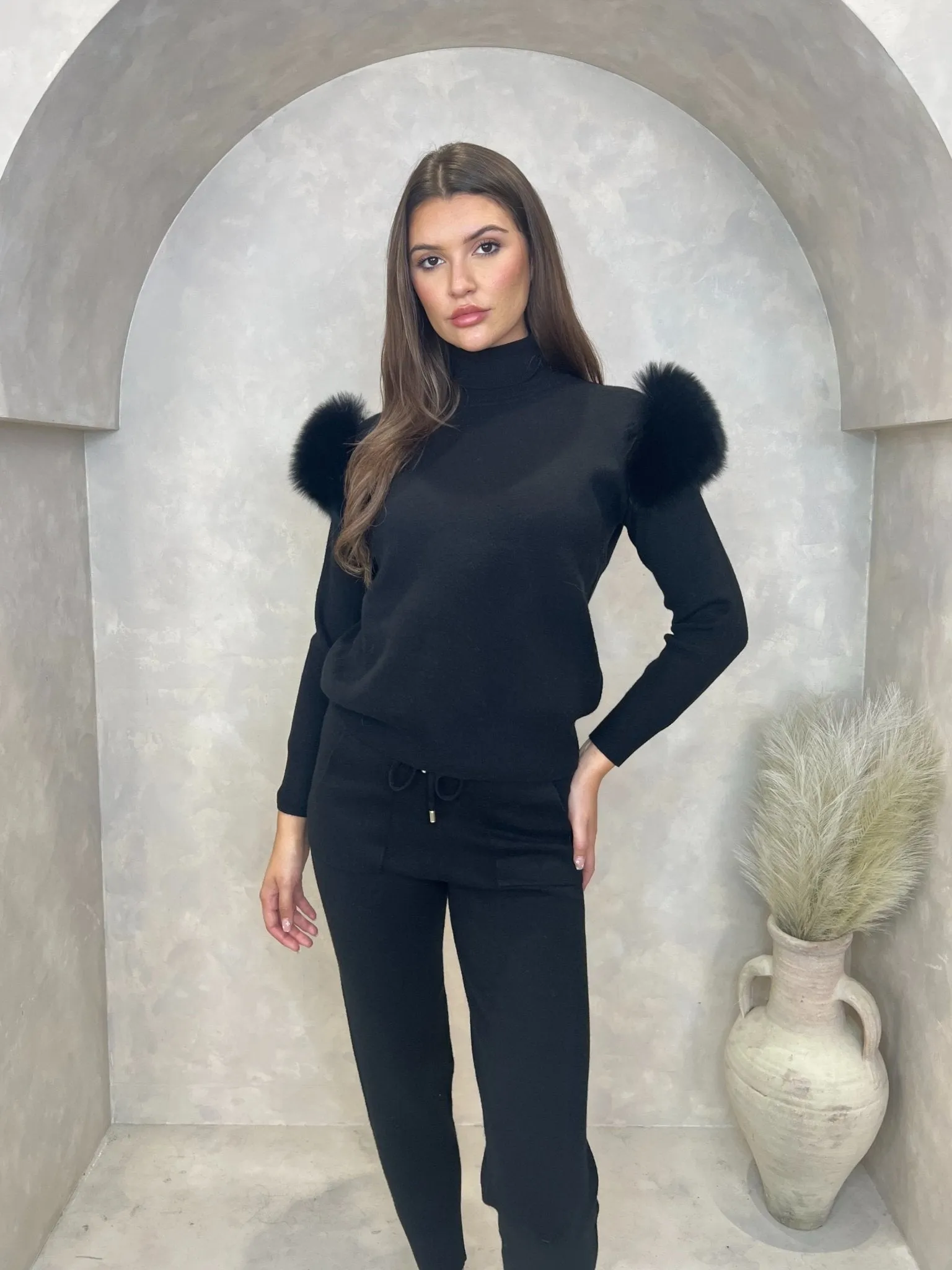 Black Luxury Fur Roll Neck Jogger Tracksuit