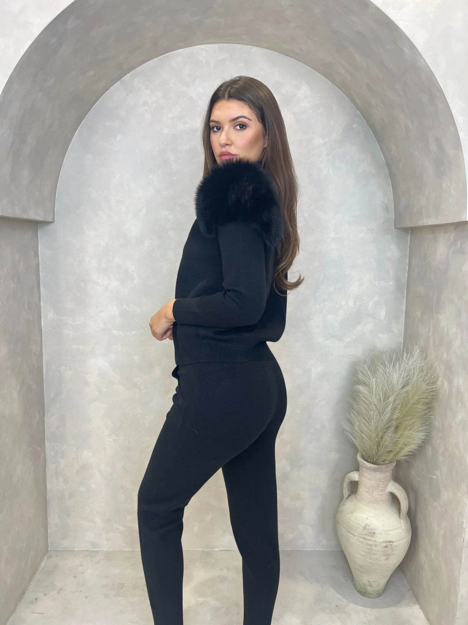 Black Luxury Fur Roll Neck Jogger Tracksuit