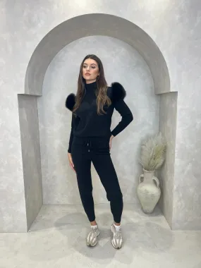 Black Luxury Fur Roll Neck Jogger Tracksuit