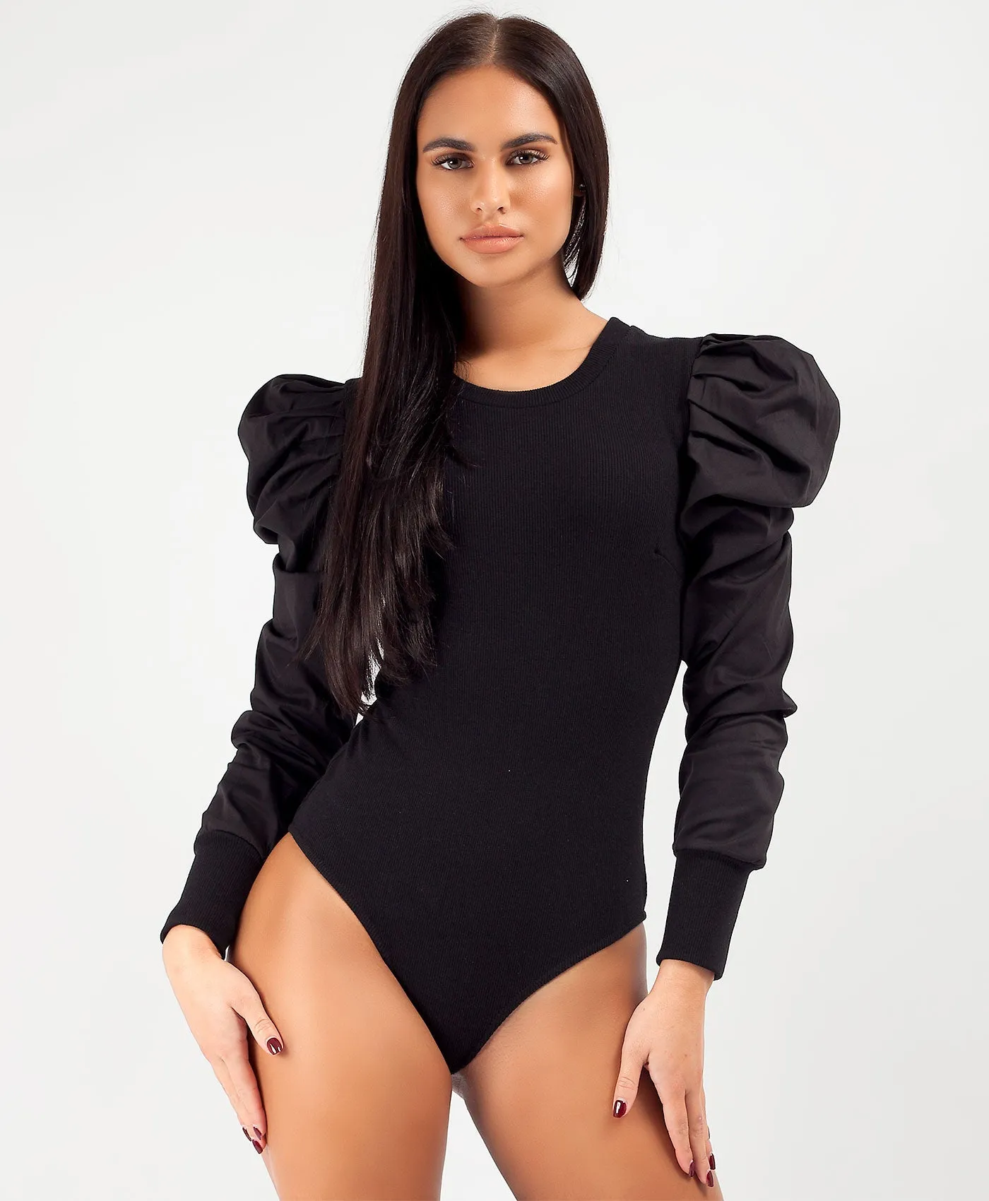 Black Puff Ruched Sleeve Ribbed Bodysuit