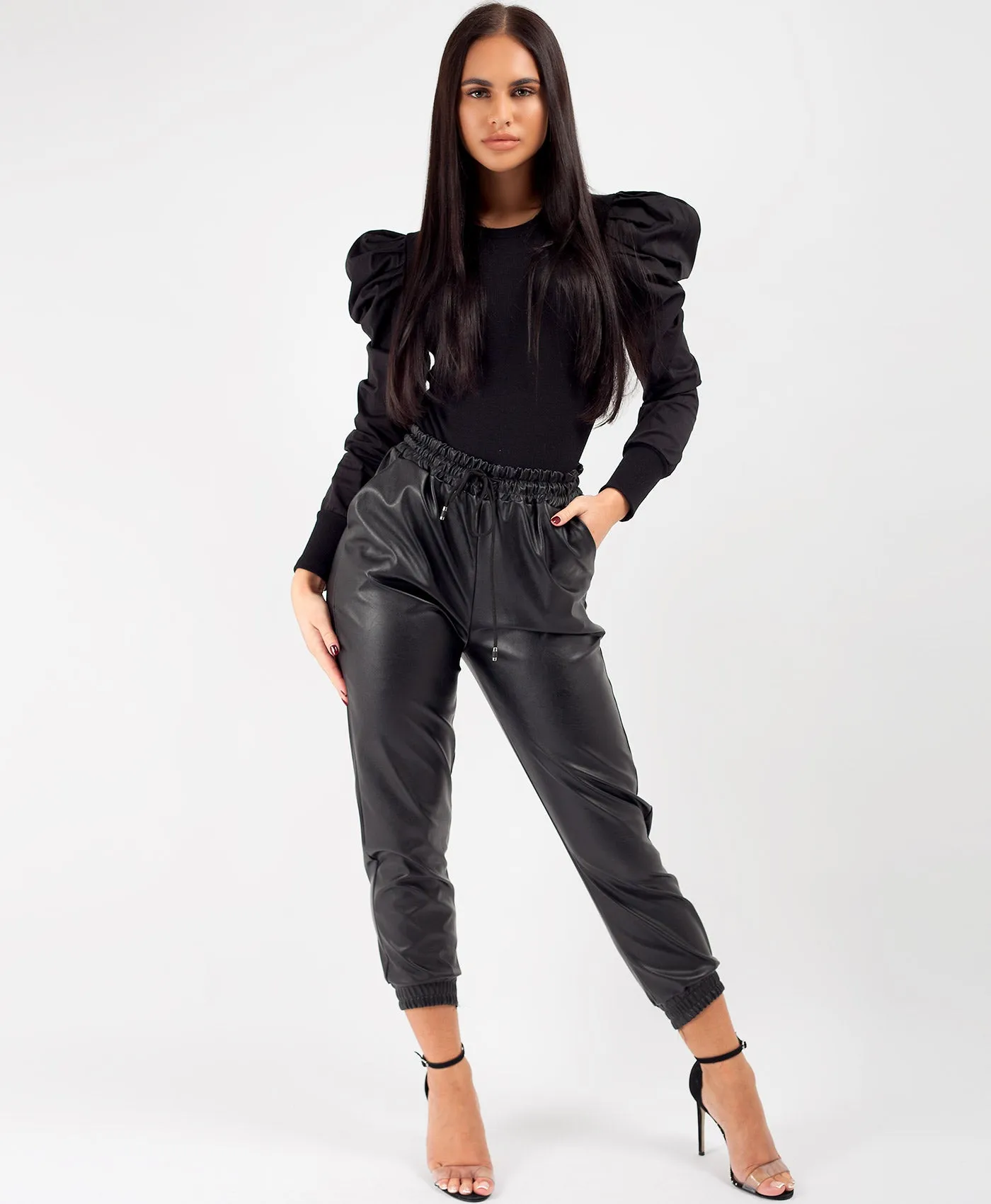 Black Puff Ruched Sleeve Ribbed Bodysuit