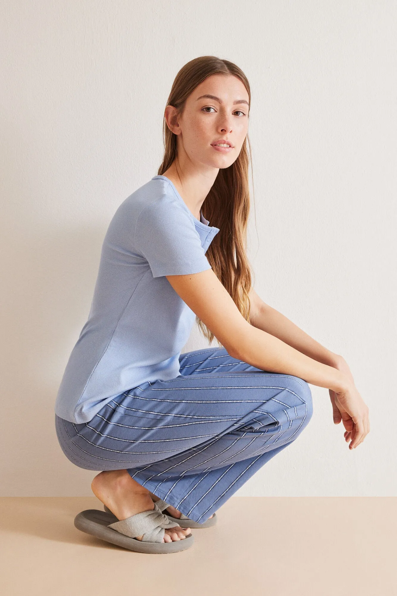 Blue 100% cotton short sleeve Henley T-shirt