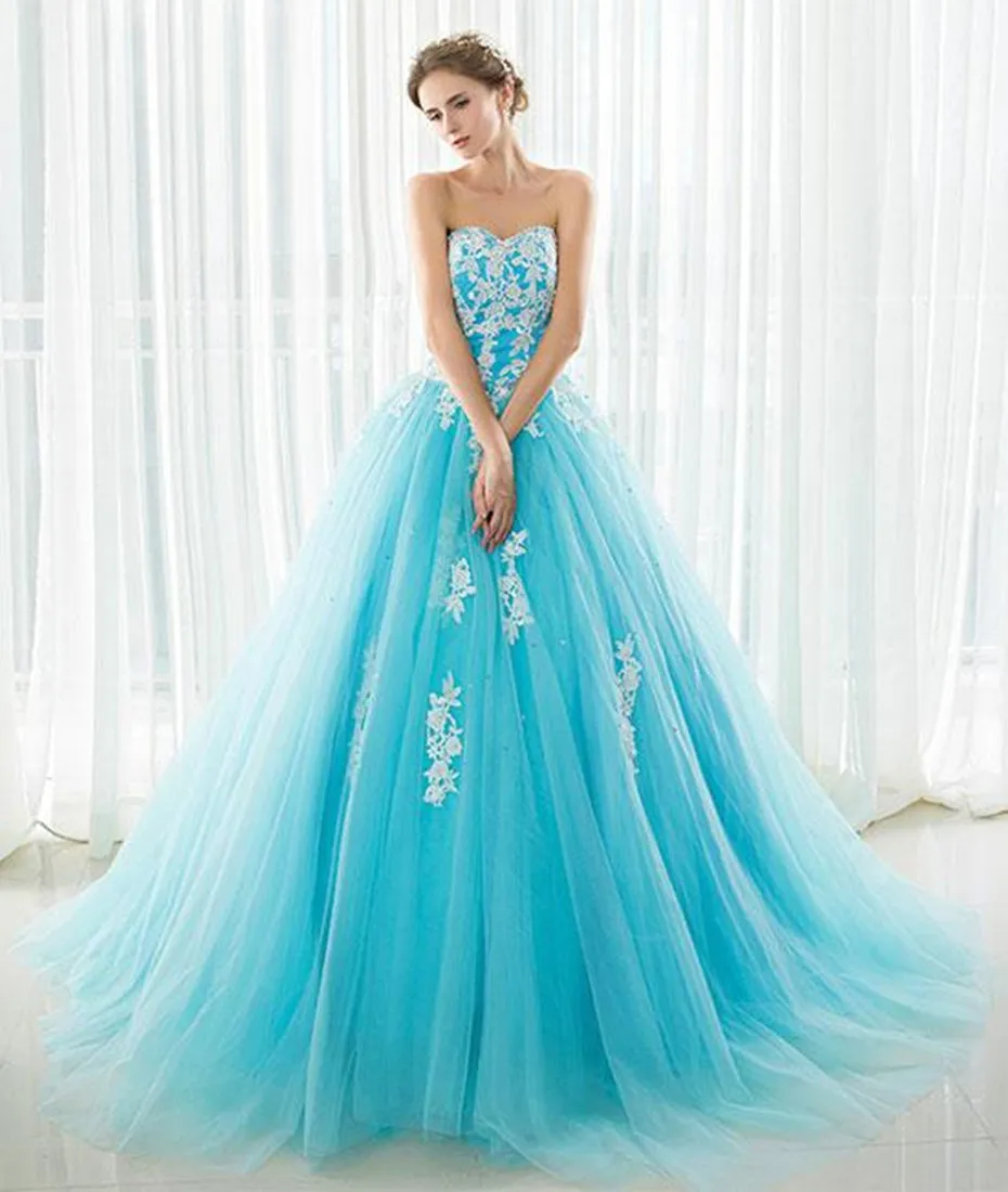 Blue Sweetheart Neck Lace Tulle Long Prom Dress with White Appliques, Blue Ball Gown, Blue Lace Formal Evening Dress