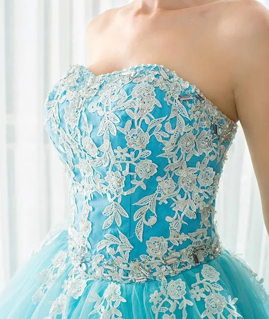 Blue Sweetheart Neck Lace Tulle Long Prom Dress with White Appliques, Blue Ball Gown, Blue Lace Formal Evening Dress