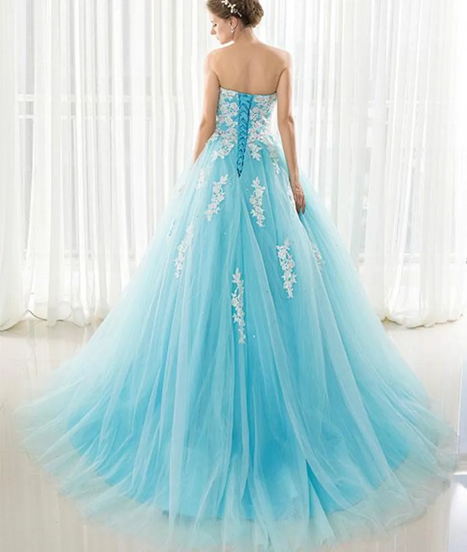 Blue Sweetheart Neck Lace Tulle Long Prom Dress with White Appliques, Blue Ball Gown, Blue Lace Formal Evening Dress