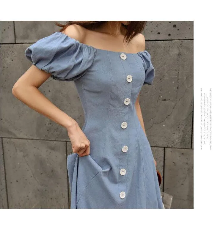 Blue Wide Neck Puff Sleeve Slim A-line Party Dress