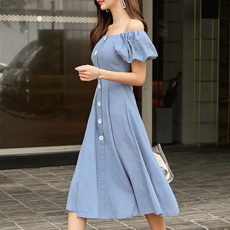 Blue Wide Neck Puff Sleeve Slim A-line Party Dress