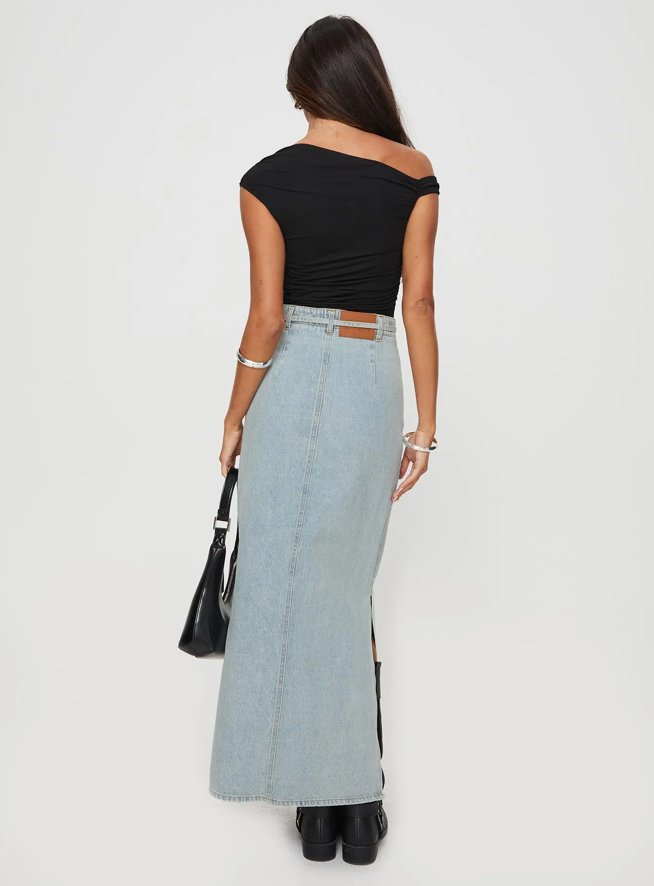 Brandee Tie Front Denim Maxi Skirt Light Wash