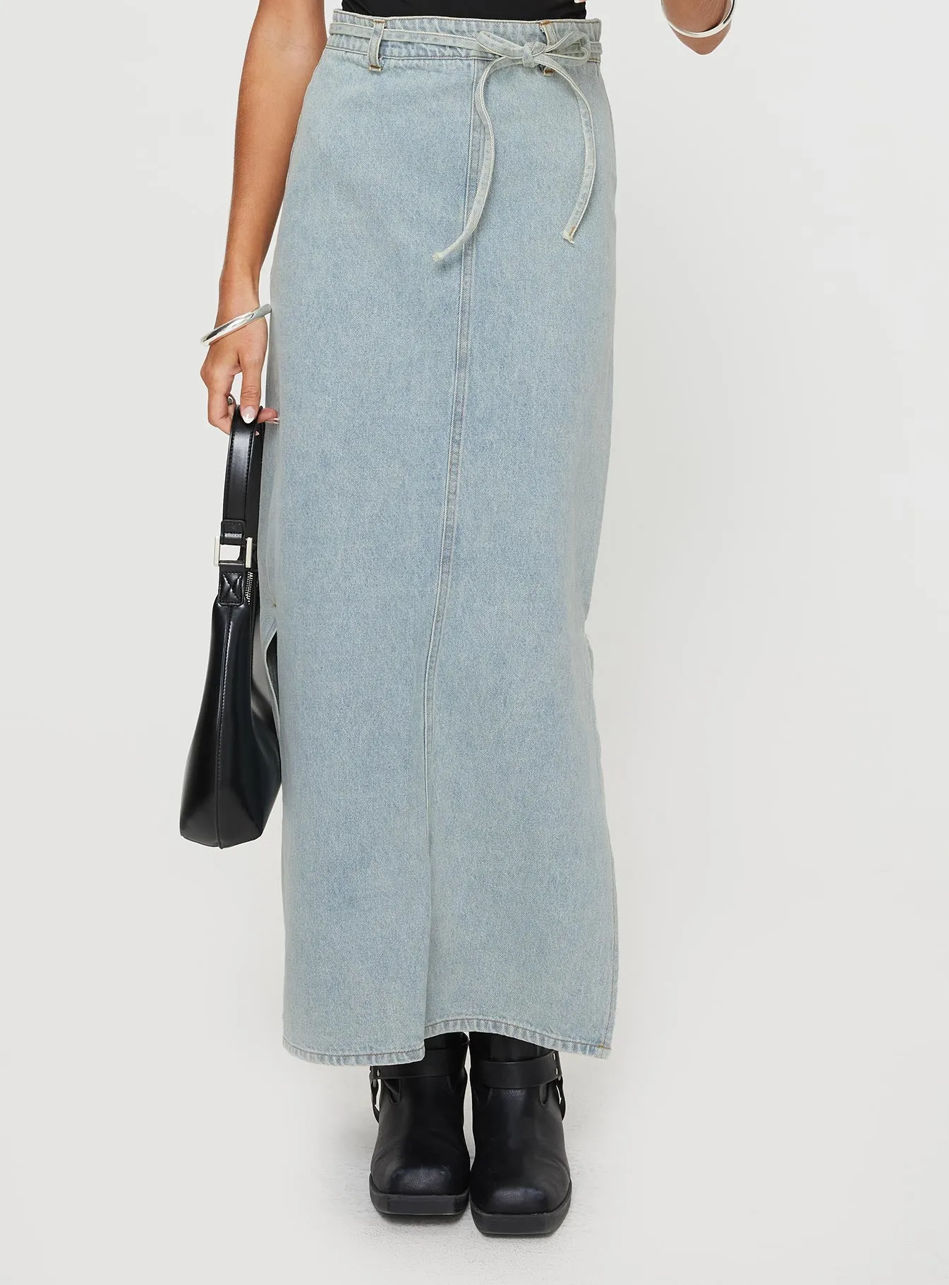 Brandee Tie Front Denim Maxi Skirt Light Wash