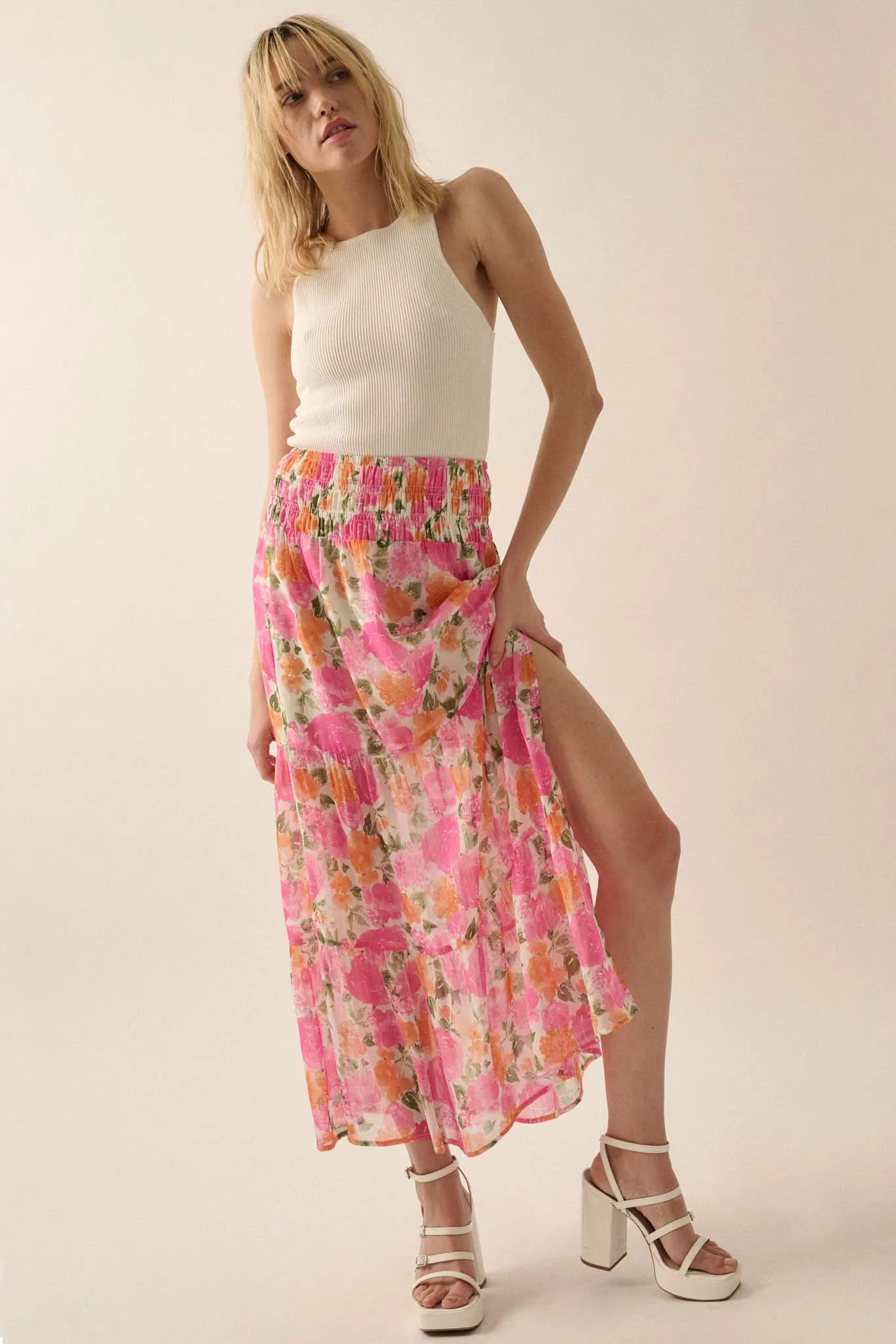 Brilliant Bouquet Tiered Floral Chiffon Maxi Skirt