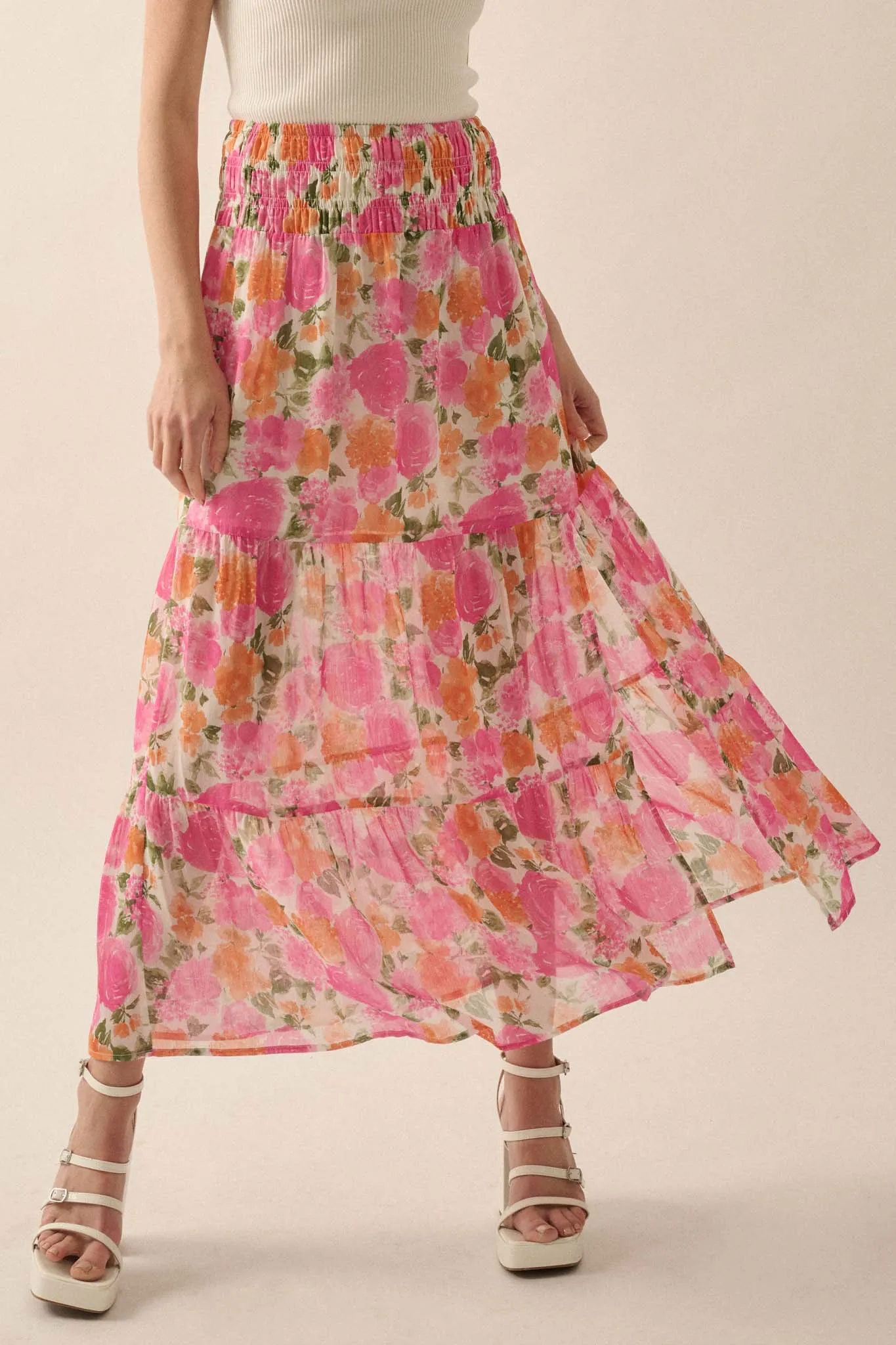 Brilliant Bouquet Tiered Floral Chiffon Maxi Skirt