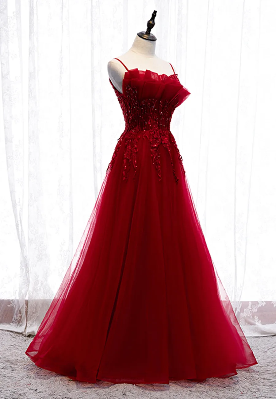 Burgundy Lace Long Prom Dresses, A-Line Spaghetti Strap Evening Dresses