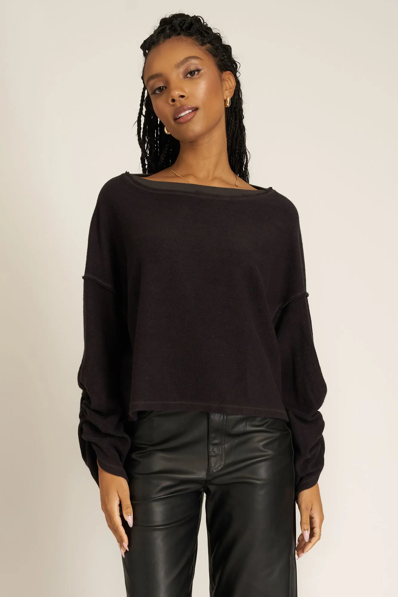 Callie Ruched Sleeve Textured Sweatshirt - Vintage Black