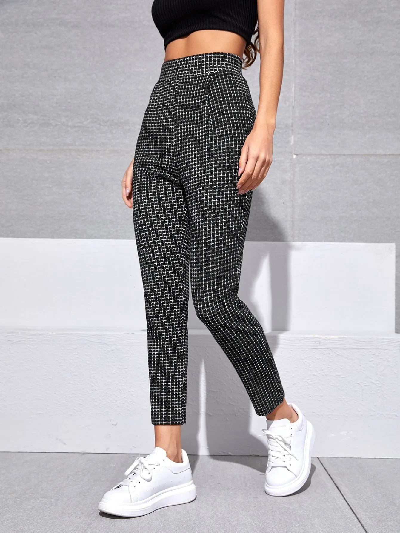 Casual Plaid Pocket High Waist Cropped Women Pants