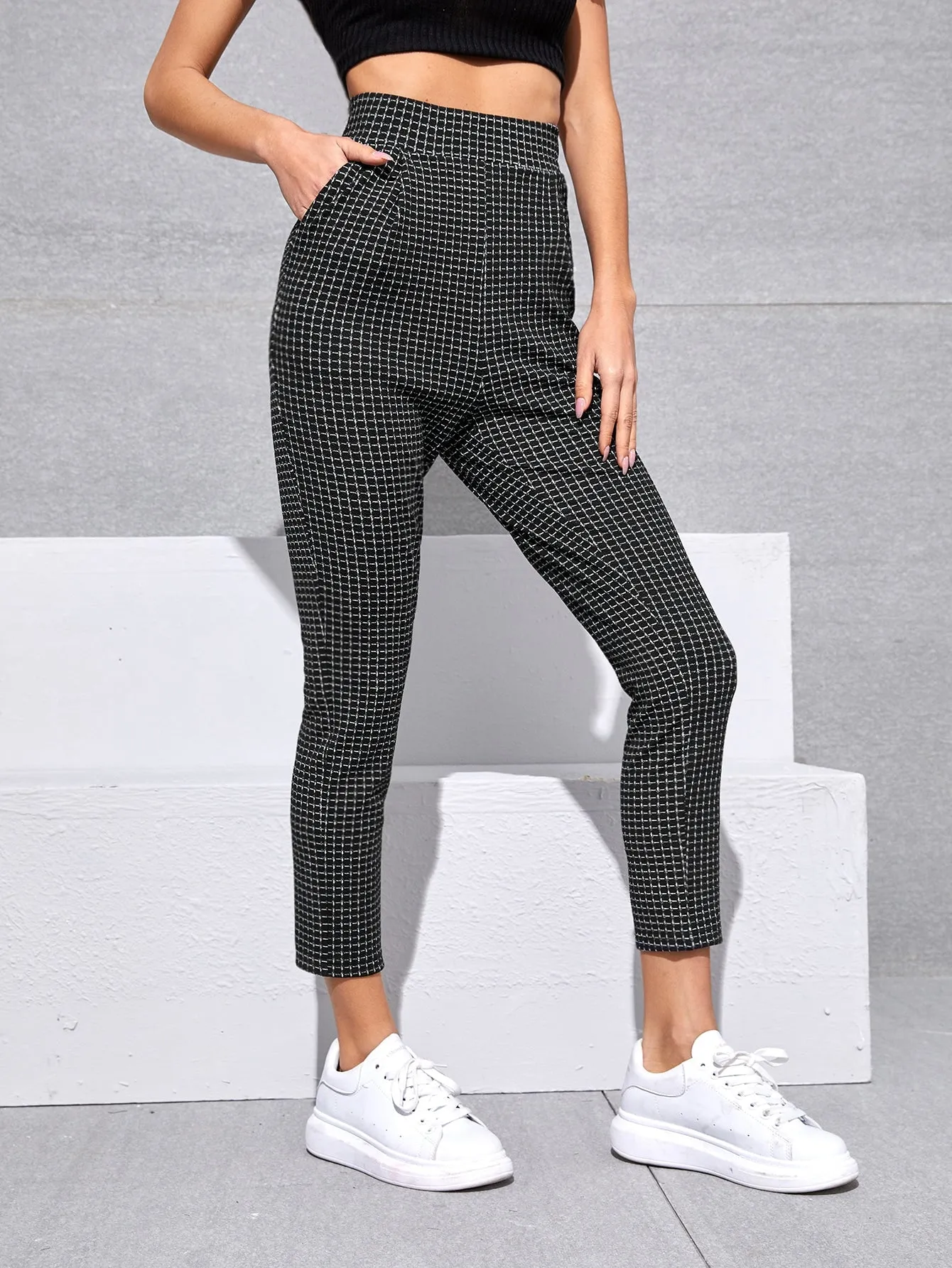 Casual Plaid Pocket High Waist Cropped Women Pants