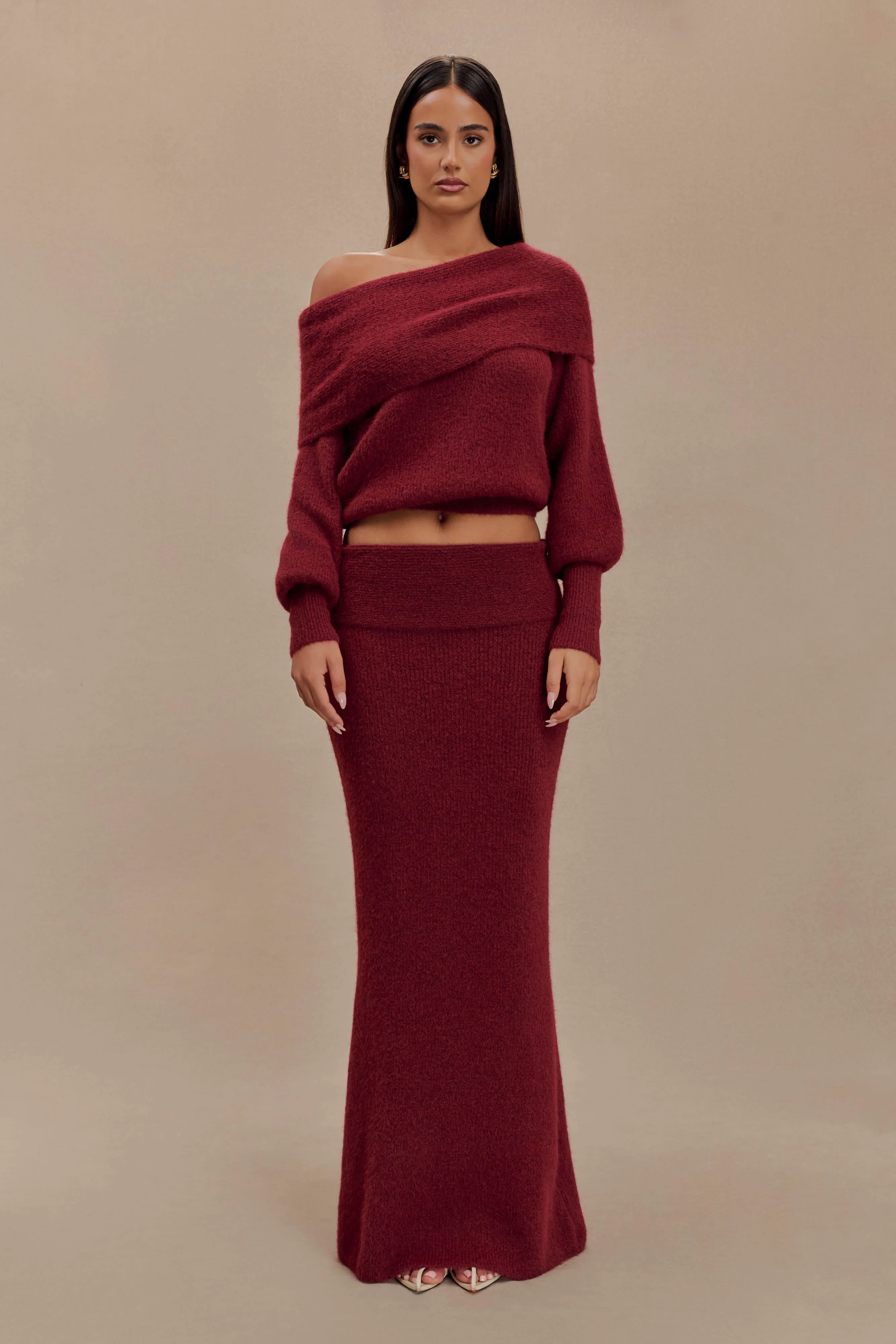 Charlotte Knit Maxi Skirt With Overlay - Merlot