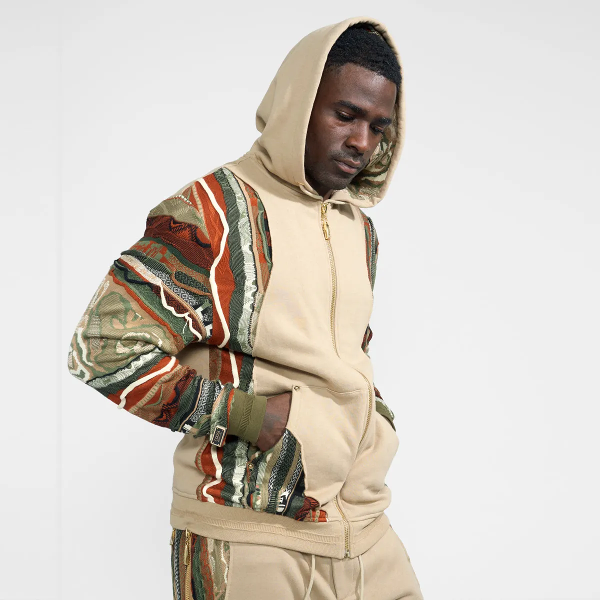 COOGI Sweater Pieced Fleece Zip Hoody - Khaki