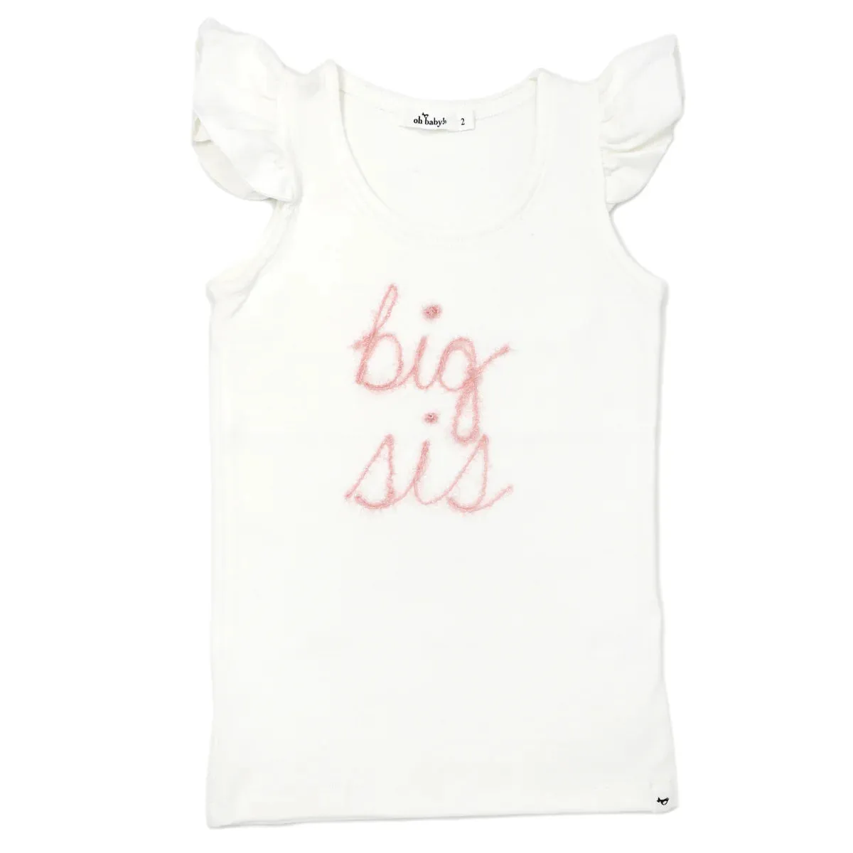 Cotton Baby Rib Flutter Sleeve Tank - "big sis" Pink Embroidered - Cream