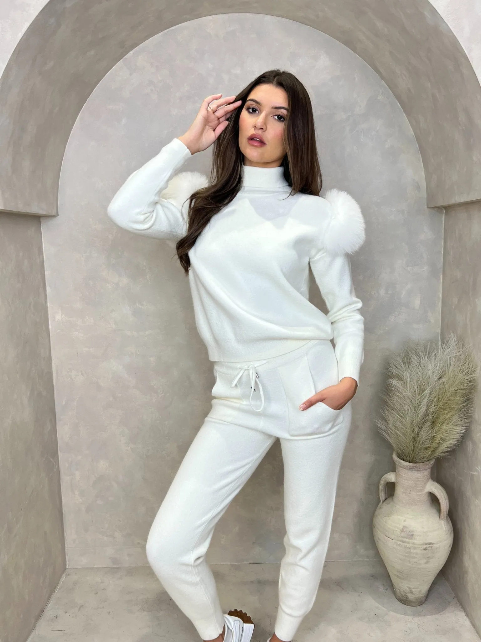 Cream Luxury Fur Roll Neck Jogger Tracksuit