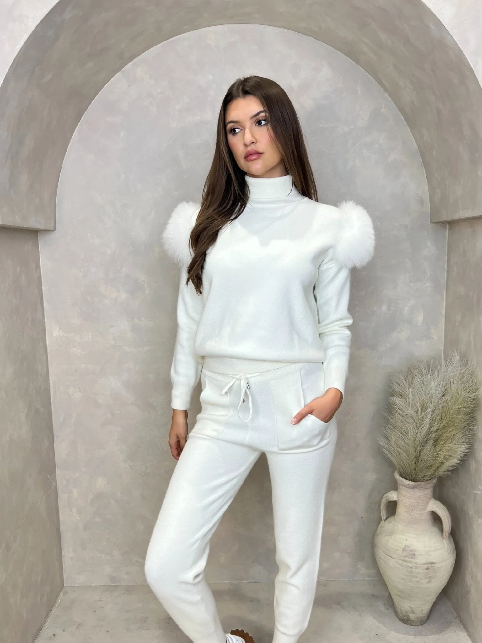 Cream Luxury Fur Roll Neck Jogger Tracksuit