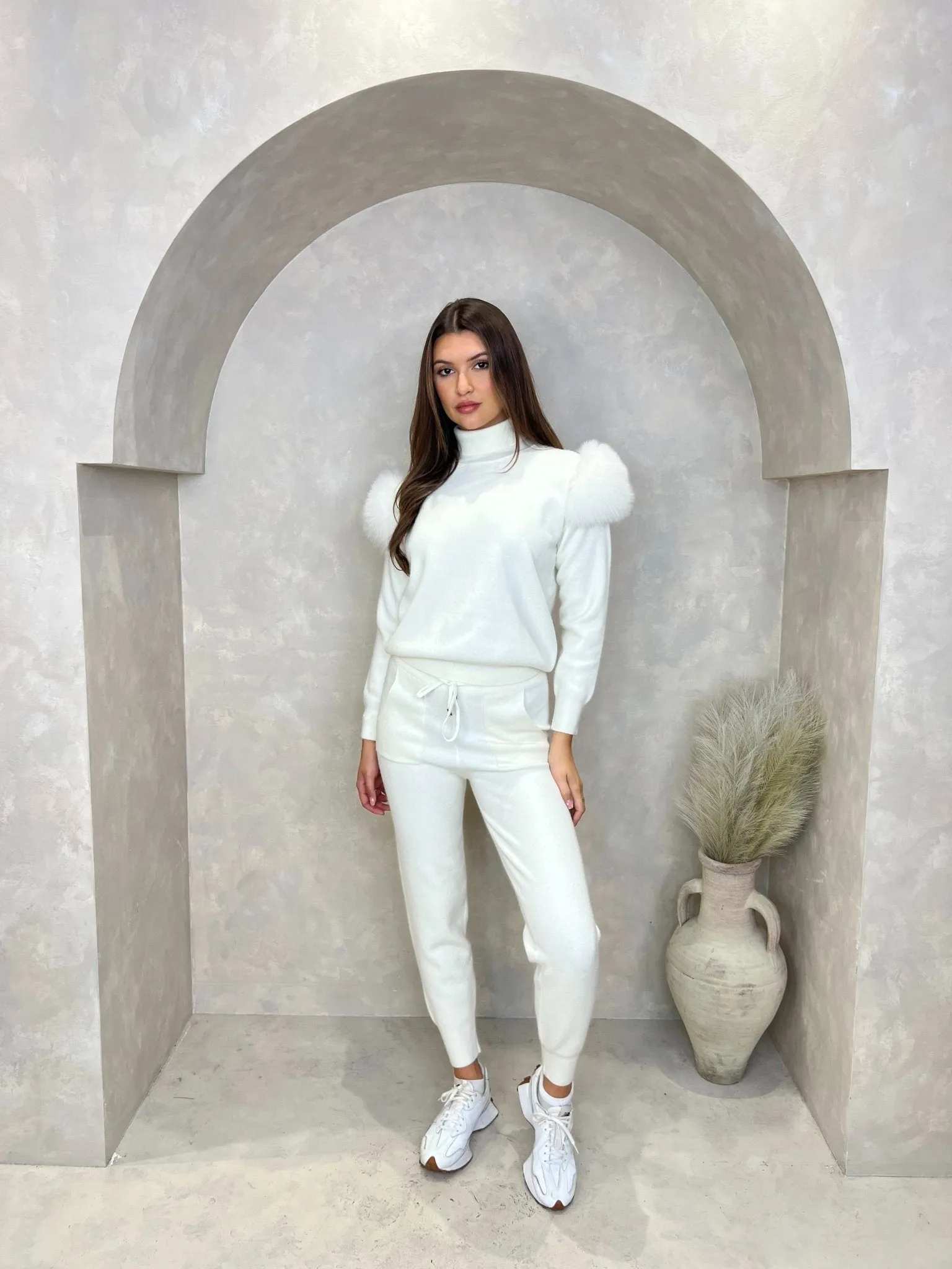 Cream Luxury Fur Roll Neck Jogger Tracksuit