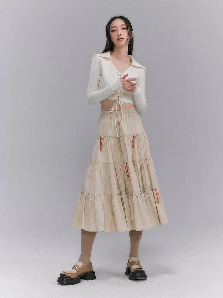 Crumply Flare Drawstring Tiered Long-Skirt