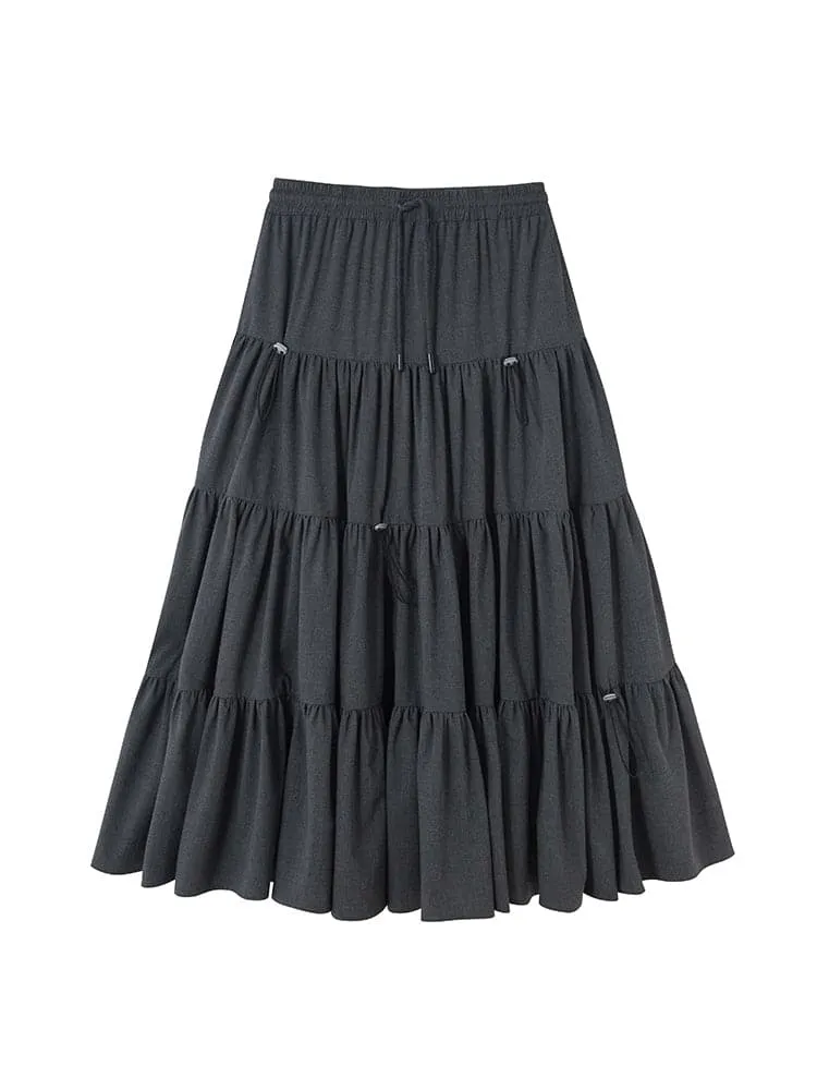 Crumply Flare Drawstring Tiered Long-Skirt